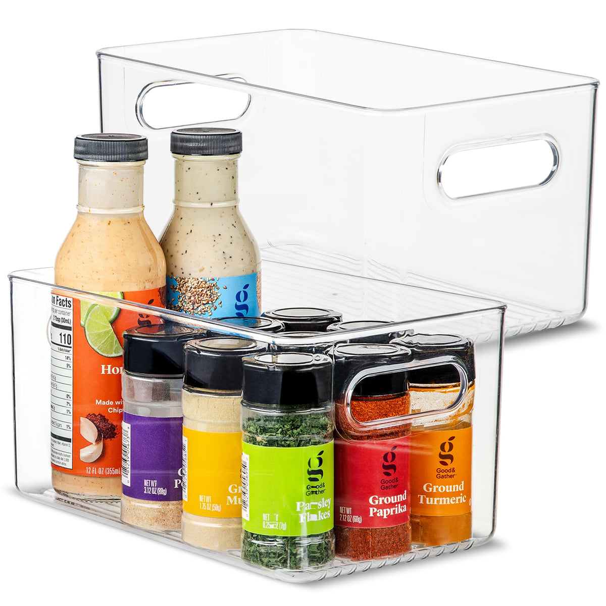 Plastic Food Storage 2 Pack Clear Container Bin with Handles for Organizing Kitchen, Pantry, Fridge, Freezer, Pantry, Bathroom. 14"x6"5"