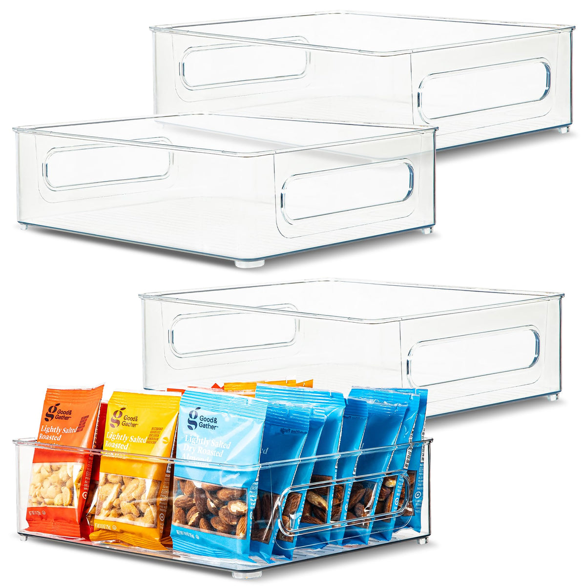 Plastic Food Storage 2 Pack Clear Container Bin with Handles for Organizing Kitchen, Pantry, Fridge, Freezer, Pantry, Bathroom. 14"x6"5"