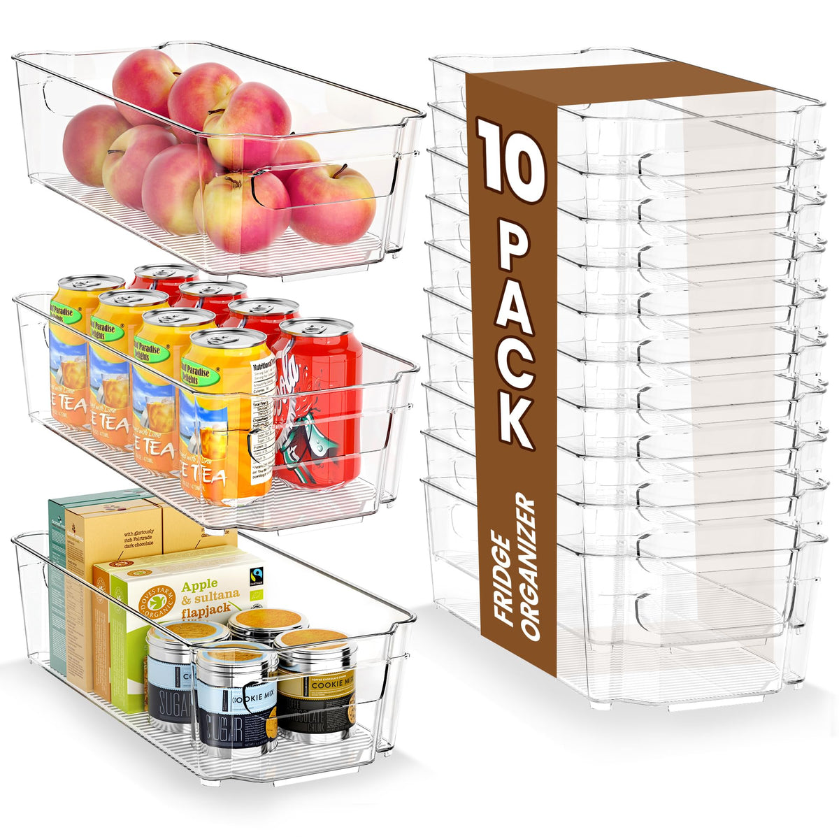 Clear Fridge Organizer, Refrigerator Organizer Bins with Handle, Freezer, Kitchen Cabinet, Pantry Organization, BPA Free Fridge Organizers (12.4 inch 4 Pack)