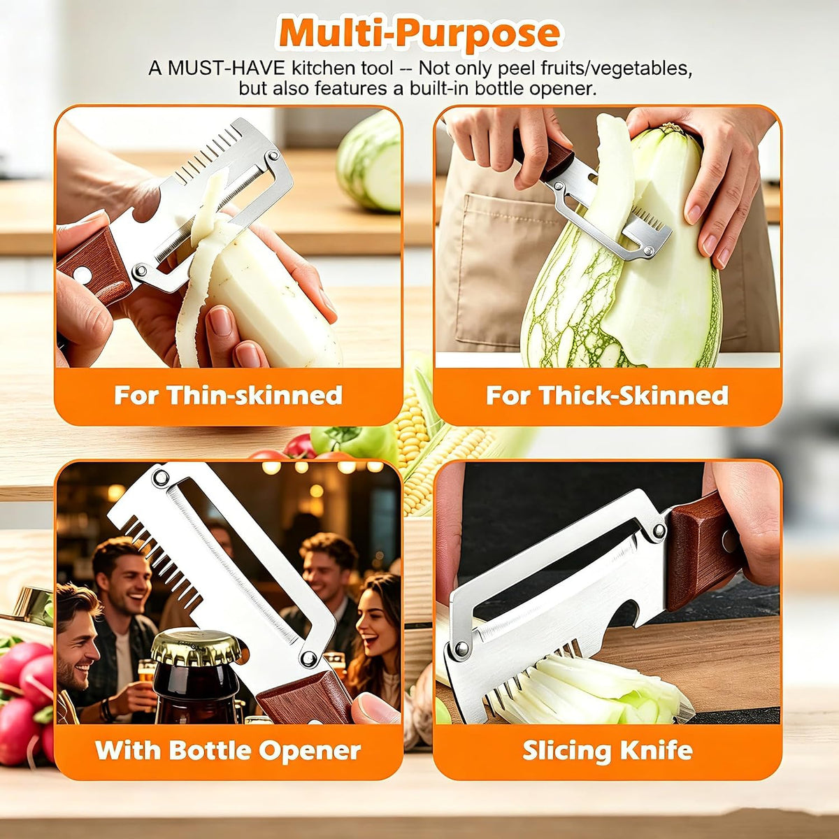 Multi-Functional Vegetable Peeler, 3 in 1 Multi Functional Wooden Handle Peeler and Bottle Opener,Kitchen Gadgets Tool,Grater & Bottle Opener for Potato, Carrot, Apple, Fruit & Vegetable (2pcs)