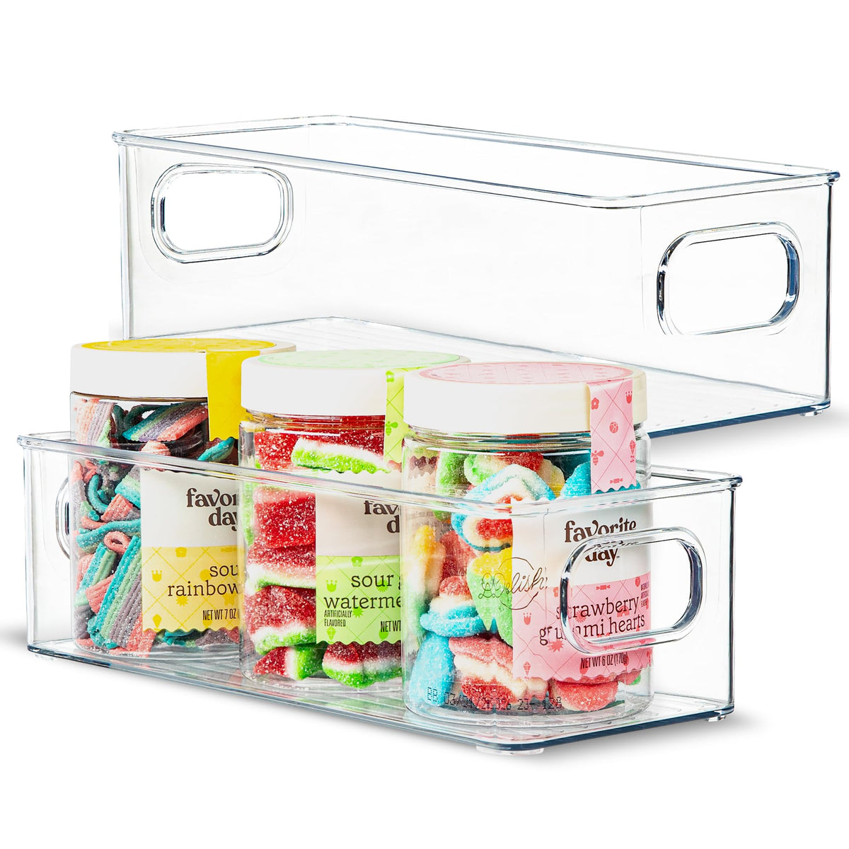 Plastic Food Storage 2 Pack Clear Container Bin with Handles for Organizing Kitchen, Pantry, Fridge, Freezer, Pantry, Bathroom. 14"x6"5"