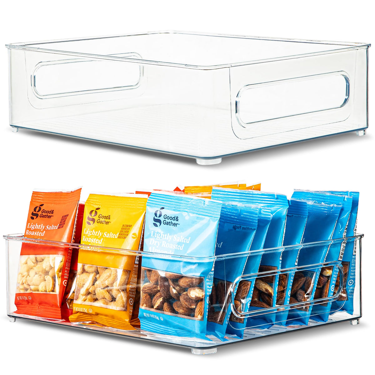 Plastic Food Storage 2 Pack Clear Container Bin with Handles for Organizing Kitchen, Pantry, Fridge, Freezer, Pantry, Bathroom. 14"x6"5"