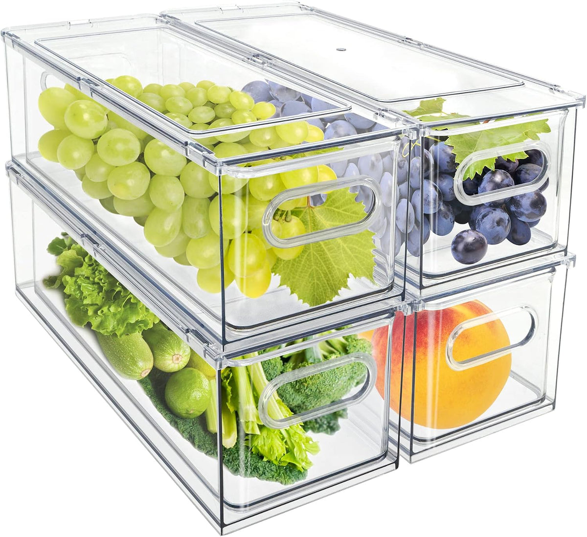 Mano Fridge Drawer Pull Out Stackable Bins with Handle Clear Refrigerator Drawers Organizer Food Storage Container Box Plastic Produce Saver for Pantry, Cabinet, Kitchen, Clothes(4Pack)