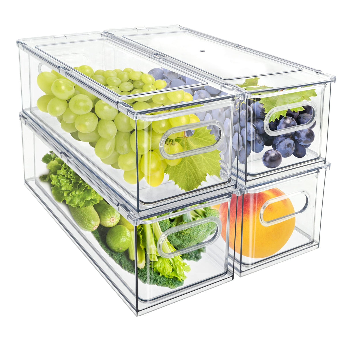 Mano Fridge Drawer Pull Out Stackable Bins with Handle Clear Refrigerator Drawers Organizer Food Storage Container Box Plastic Produce Saver for Pantry, Cabinet, Kitchen, Clothes(4Pack)