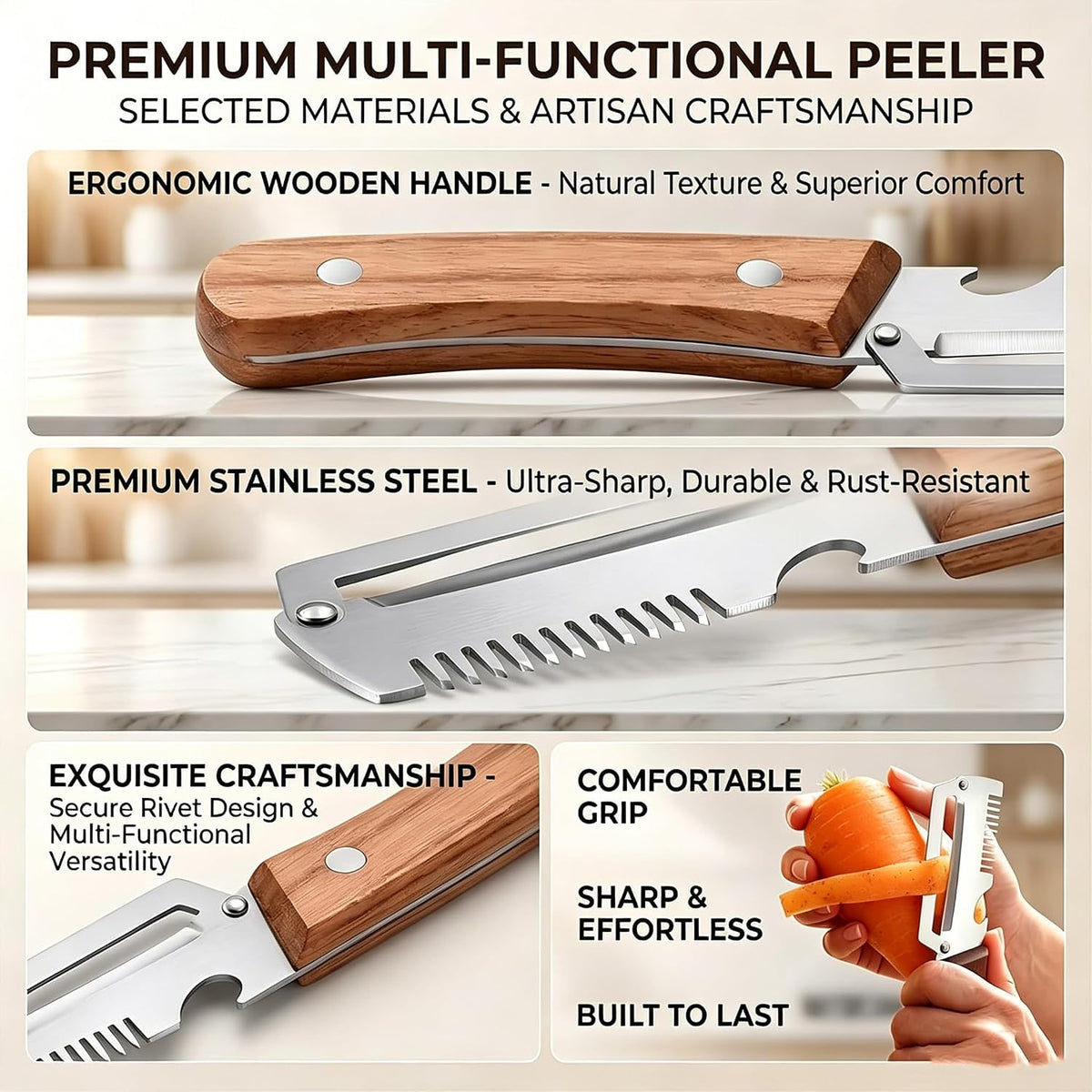 Multi-Functional Vegetable Peeler, 3 in 1 Multi Functional Wooden Handle Peeler and Bottle Opener,Kitchen Gadgets Tool,Grater & Bottle Opener for Potato, Carrot, Apple, Fruit & Vegetable (2pcs)