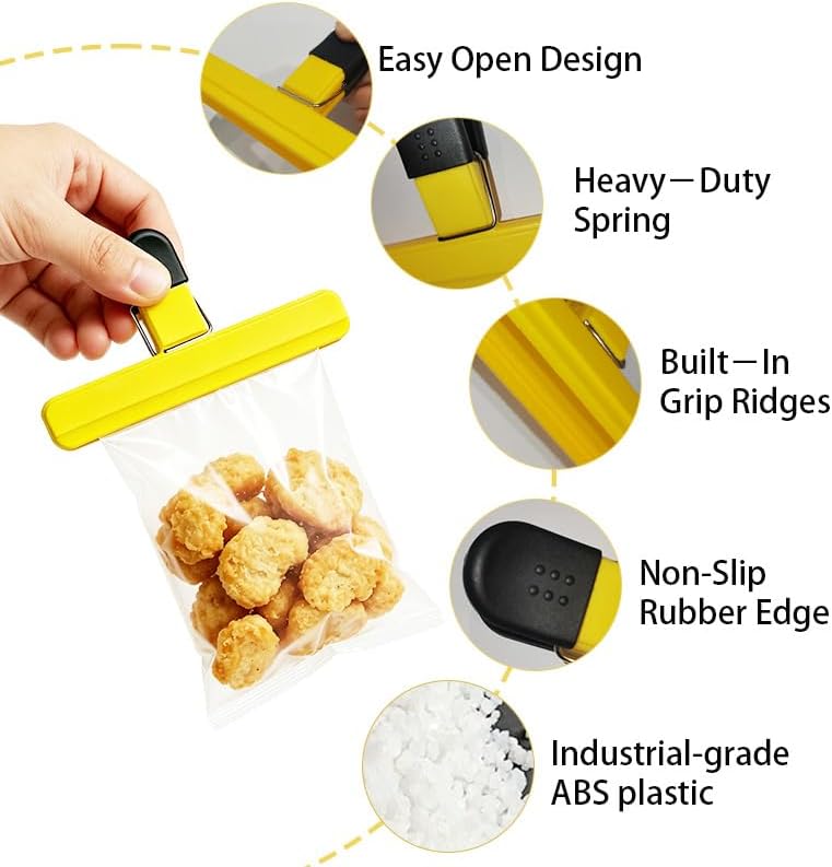 6 Pack Large Plastic Chip Clips, Heavy Duty Snack Bag Sealing Clips, Reusable Food Storage Grips for Kitchen, Home and Office, 15.5×8.5cm / 6.10×3.35 Inch.