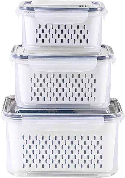 3Pack Fridge Food Storage Container Set with Lids with Strainer,Plastic Fresh Produce Saver Vegetable Fruit Meat Storage Organization, BPA-Free Plastic Produce Keepers(3.15L+1.7L+0.8L)