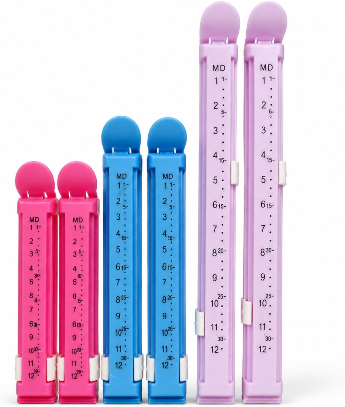 6 food bag sealing clips with built-in date scale-heavy reusable kitchen sealer for French fries, bread, snacks and leftovers (3 sizes in random colors) (6 sealing clips)