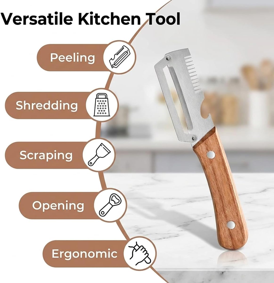 Multi-Functional Vegetable Peeler, 3 in 1 Multi Functional Wooden Handle Peeler and Bottle Opener, Kitchen Gadgets Tool for Fruit Pumpkin Peeling Potato Carrot Veggie Peeler (2-Pack)