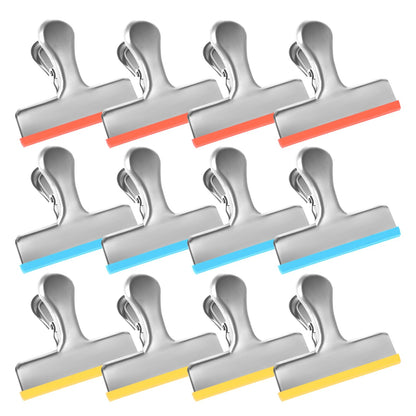 HOUSE AGAIN 12 Pack Stainless Steel Chip Bag Clips Covered with Silicone - NO More Sharp Edges - Color Coded for Food Bags - Air Tight Seal, Heavy Duty for Kitchen and Office, 3 Inches