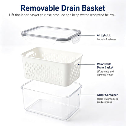 3 Pack Fruit Storage Containers for Fridge with Removable Colander, Grey