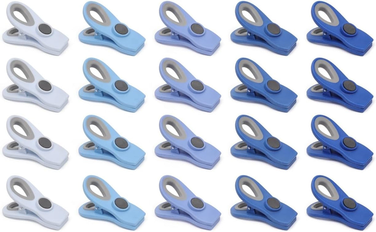 Chip Clips — Magnetic Bag Clips for Food Storage, 20 Piece Set, Airtight Seal Grip for Bread, Snack, Chip & Cereal Bags — Fridge, Pantry & Freezer Organization, Kitchen Storage - Multi Blues