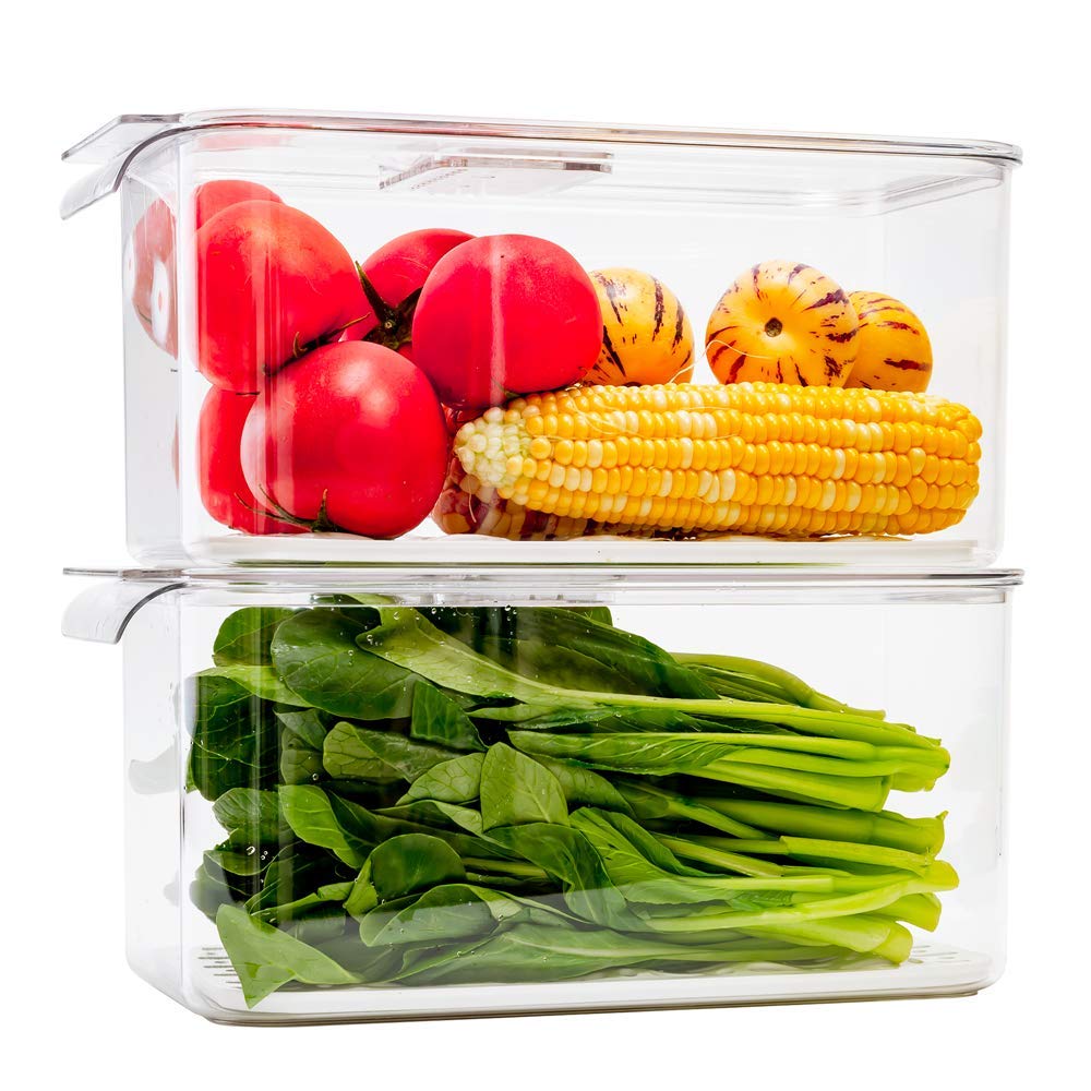 Slideep Refrigerator Food Storage Containers, Produce Saver Stackable Container with Lids & Removable Drain Tray, Freezer Bins Stay Fresh Lettuce Salad Container for Fridge