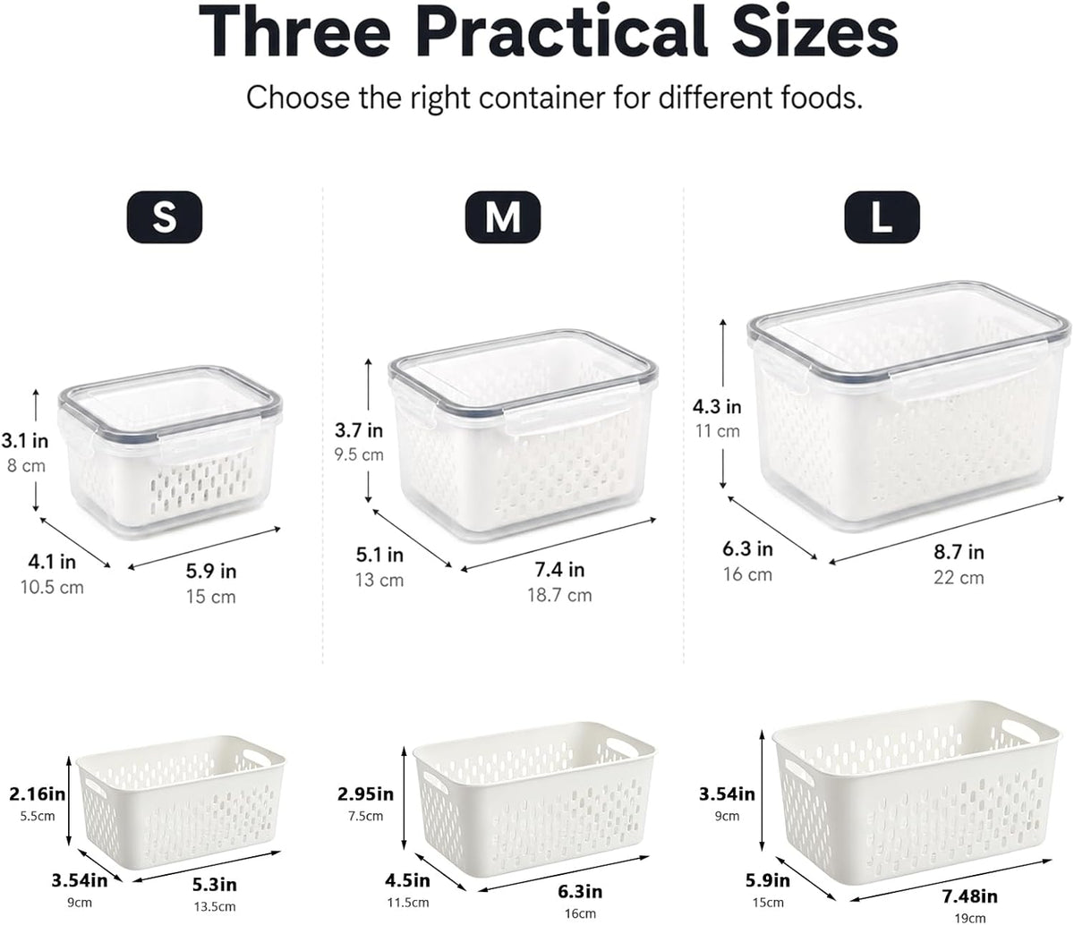 3 Pack Fruit Storage Containers for Fridge with Removable Colander, Grey