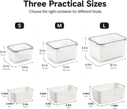 3 Pack Fruit Storage Containers for Fridge with Removable Colander, Grey