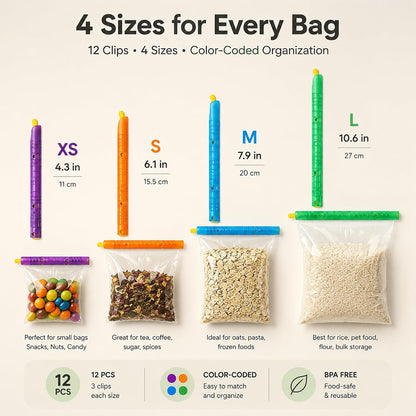 Food Bag Sealers, 12 Pack Slide-On Bag Clips for Chips & Snacks