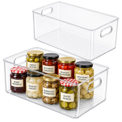 Plastic Food Storage 2 Pack Clear Container Bin with Handles for Organizing Kitchen, Pantry, Fridge, Freezer, Pantry, Bathroom. 14"x6"5"