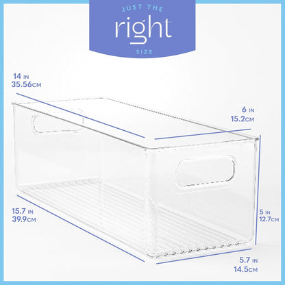 Plastic Food Storage 2 Pack Clear Container Bin with Handles for Organizing Kitchen, Pantry, Fridge, Freezer, Pantry, Bathroom. 14"x6"5"