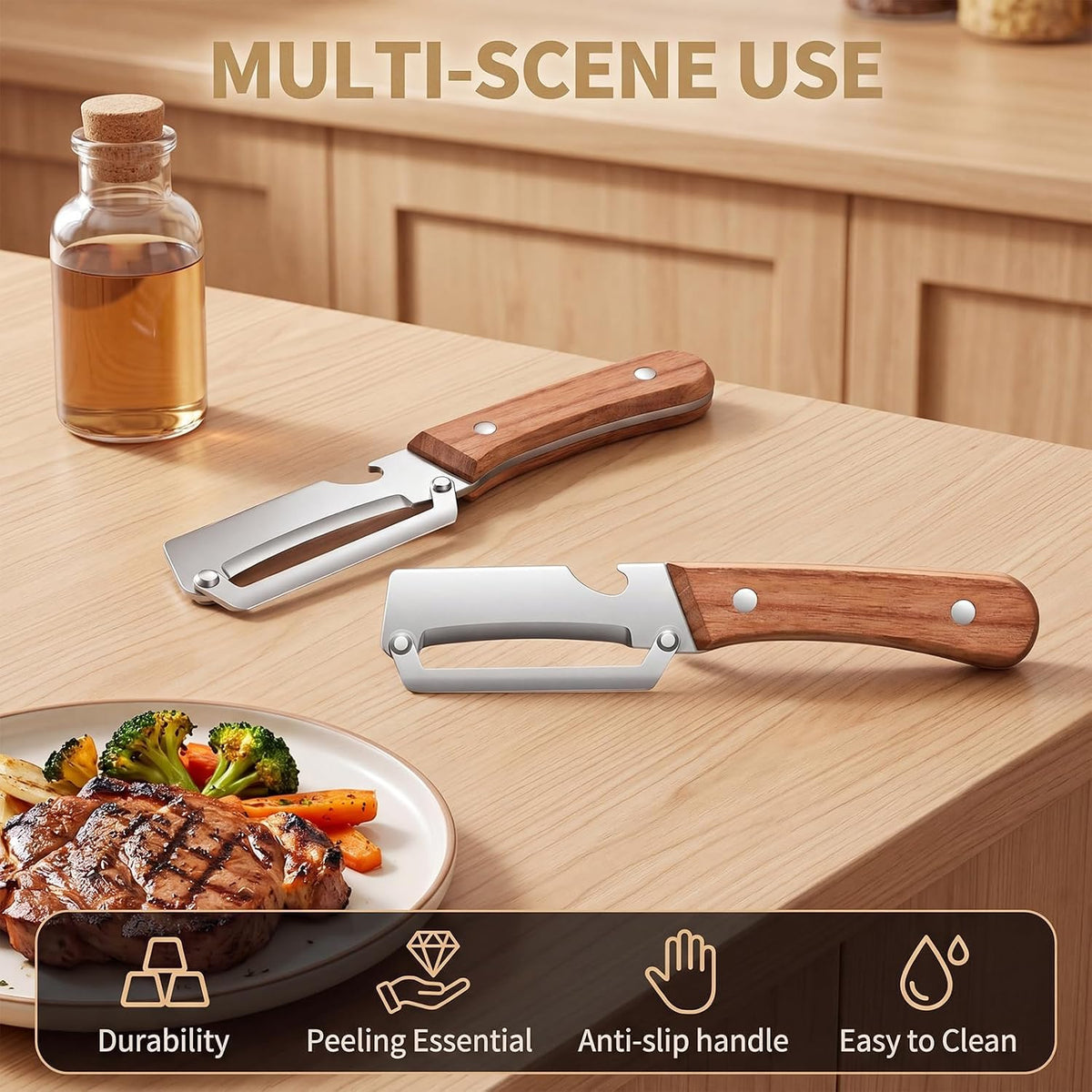 Premium Kitchen Peeler with Bottle Opener,Thickened by 80%(1.8MM) Stainless Steel Blade with Wooden Handle, Multi-functional Vegetable and Fruit Peelers for Carrot Pumpkin Potato Papaya,Right-Hand use