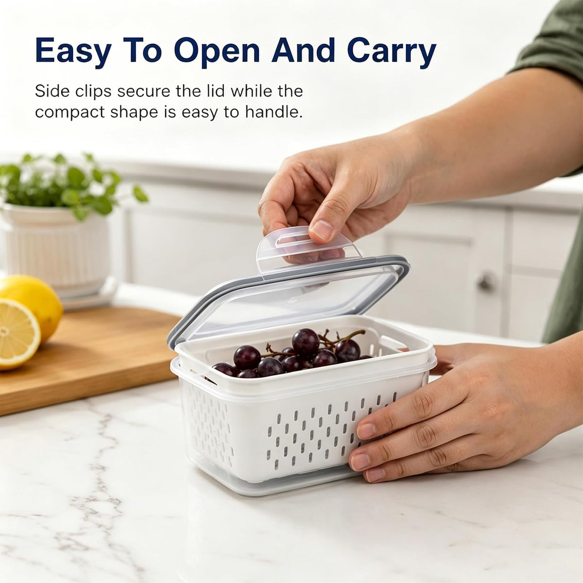 3 Pack Fruit Storage Containers for Fridge with Removable Colander, Grey