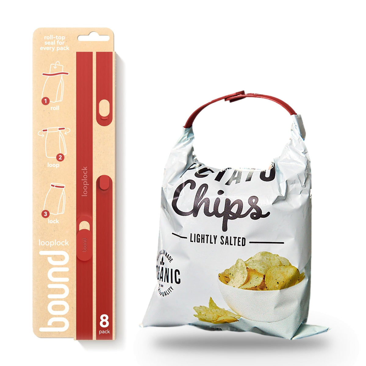 Bound Looplock Reusable Bag Sealer, Roll Top Food Storage Seal, 8 Pack, Kiwi