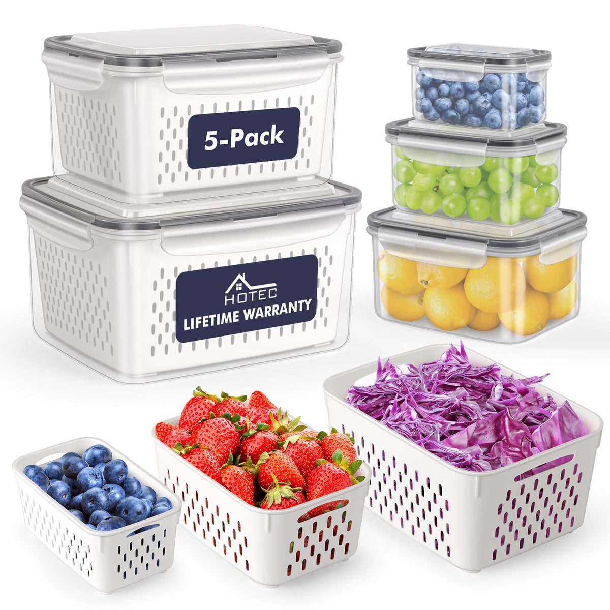 HOTEC 5-Pack Fruit Storage Container for Fridge, Food Storage Containers