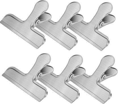 Chip Clips,6 Pack Metal Bag Clips for Food Storage, Stainless Steel Food Clip for Snack Bread, Heavy Duty Chip Bag Clip Clamp for Kitchen Home Office,Sliver