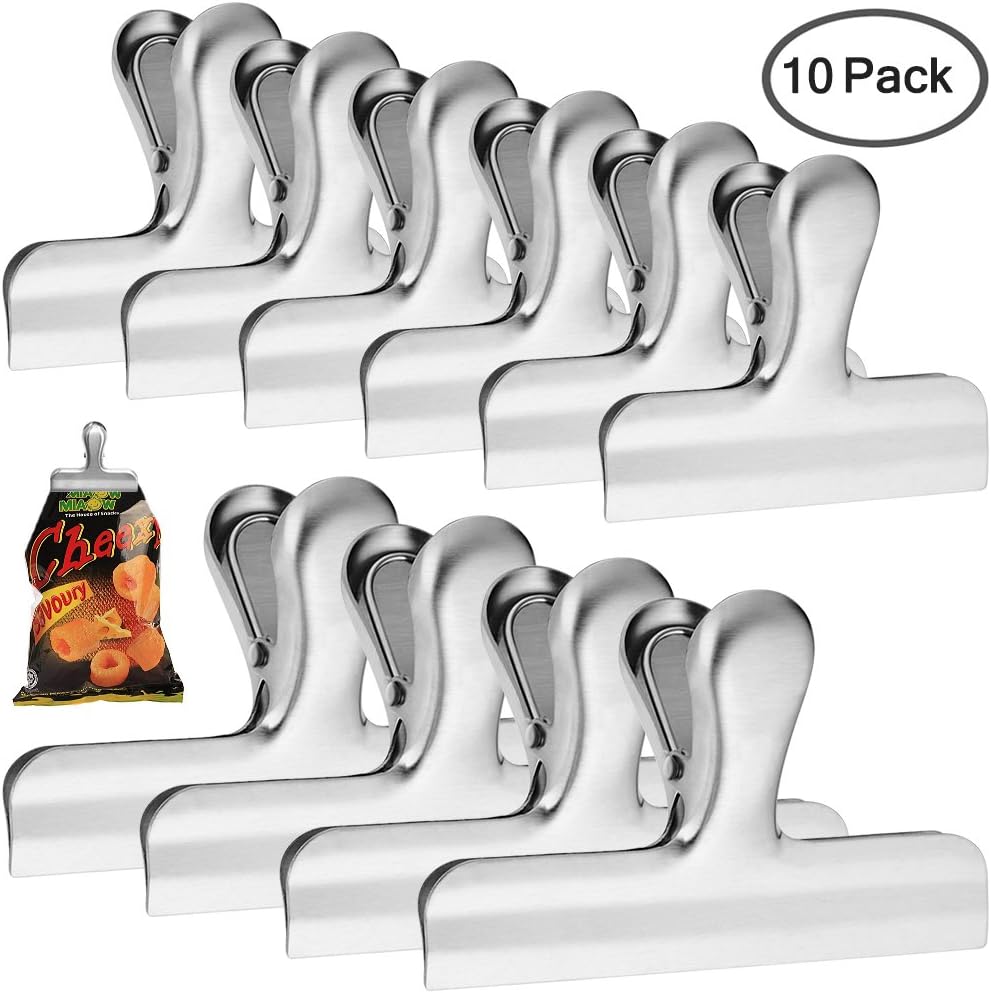 10 Pack Stainless Steel Chip Bag Clips, 3 inch and 4 inch Width, Danzix Paper Seal Grip for Coffee Food Bread Bags, Kitchen Home Usage, 6 Small and 4 Large - Sliver