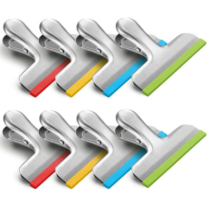 HOUSE AGAIN 8 Pack Stainless Steel Chip Bag Clips Covered with Silicone - NO More Sharp Edges - Color Coded for Food Bags - Air Tight Seal, Heavy Duty for Kitchen and Office, 3 Inches