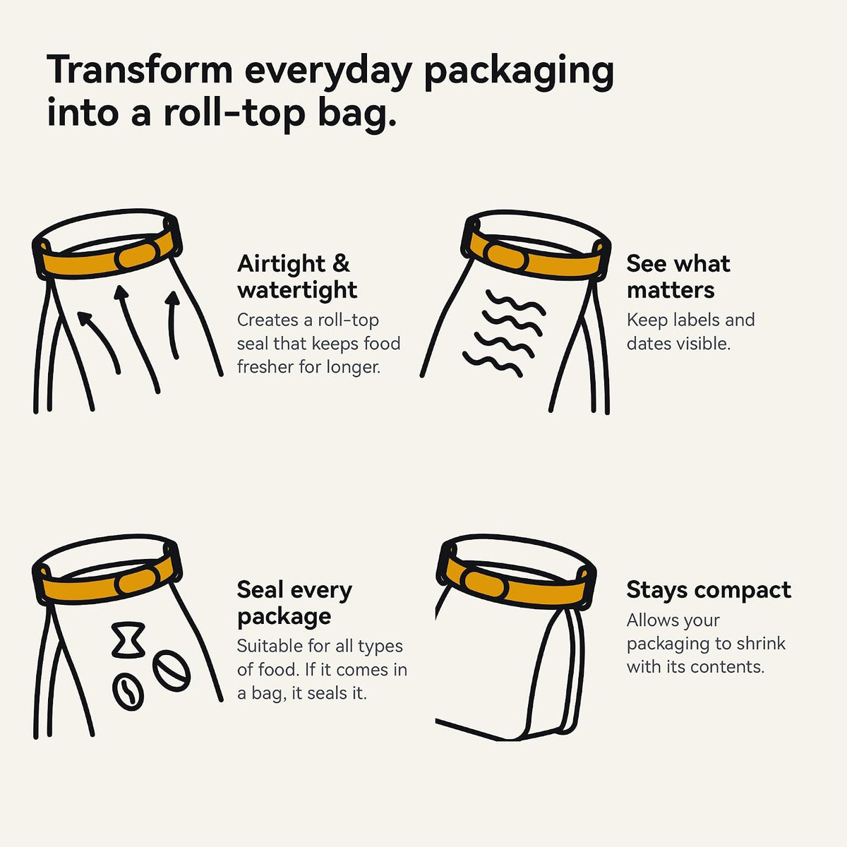 Bound Looplock Reusable Bag Sealer, Roll Top Food Storage Seal, 8 Pack, Mango