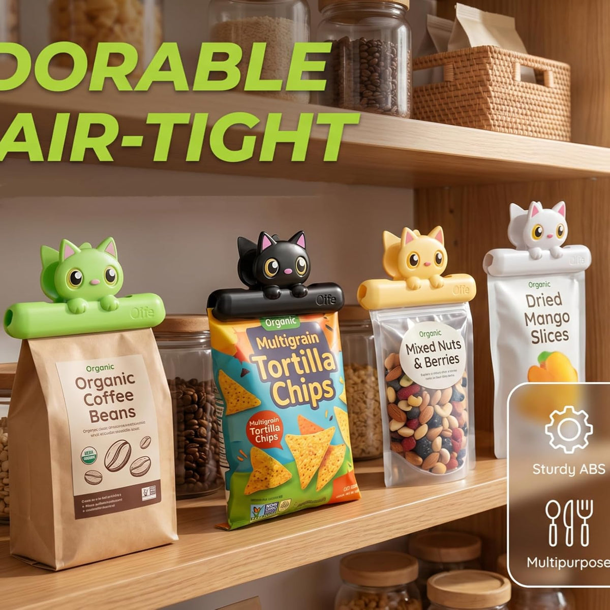 Cute Chip Clips, Set of 4 Sealing Cat Bag Clips for Food
