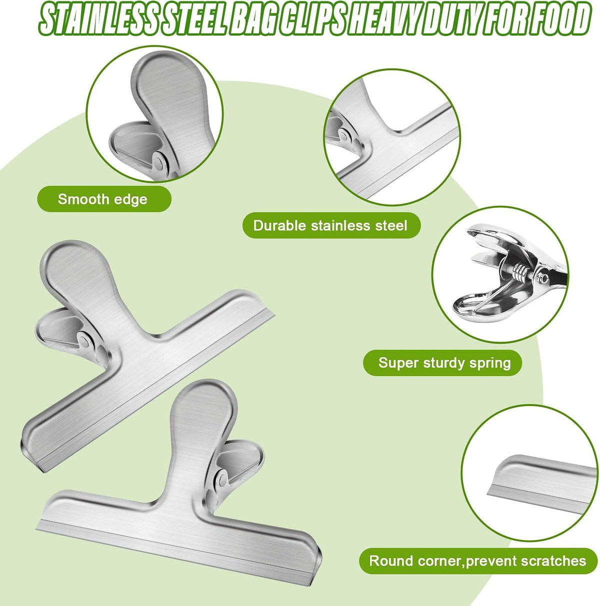 Chip Clips,6 Pack Metal Bag Clips for Food Storage, Stainless Steel Food Clip for Snack Bread, Heavy Duty Chip Bag Clip Clamp for Kitchen Home Office,Sliver