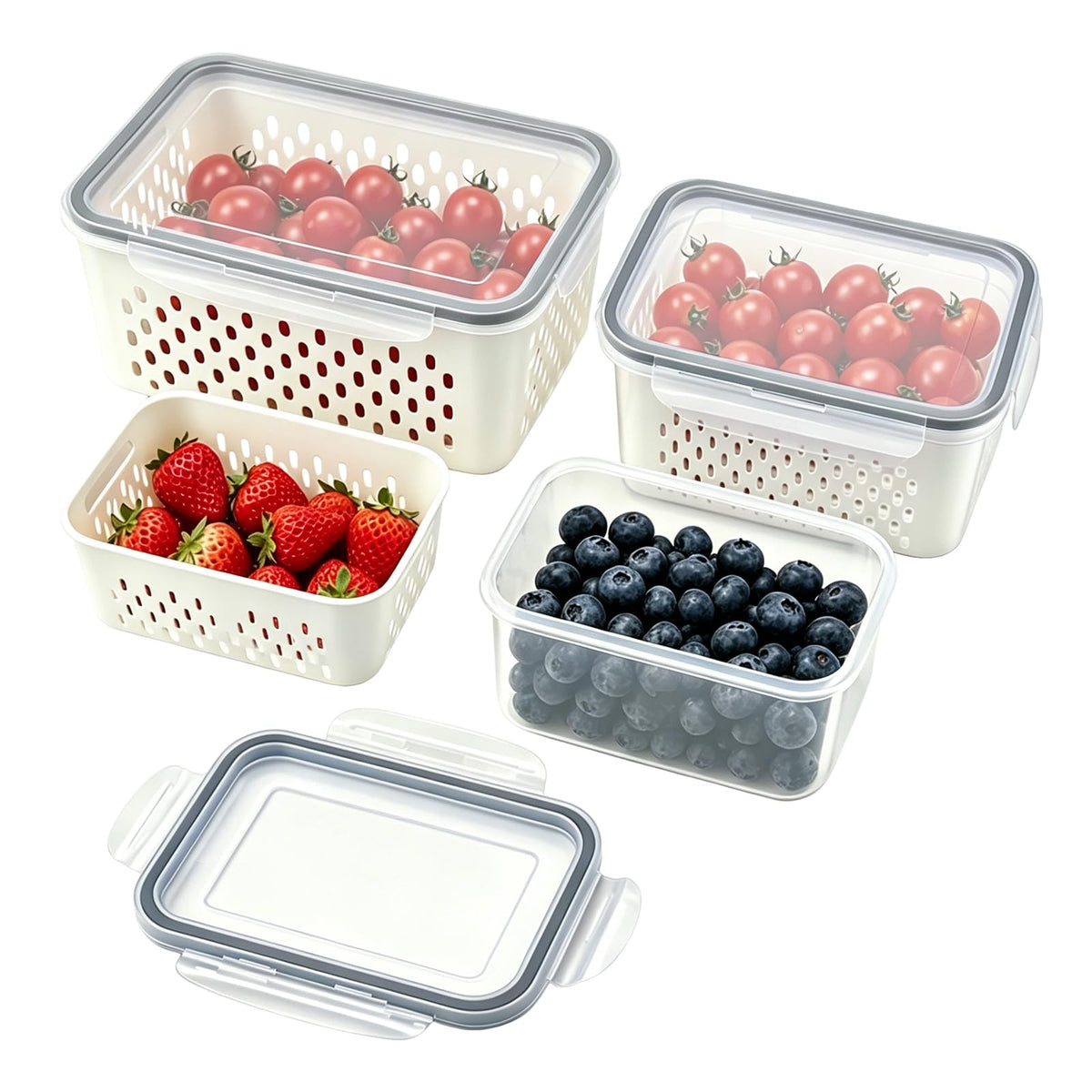 3 Pack Fruit Storage Containers for Fridge with Removable Colander, Grey
