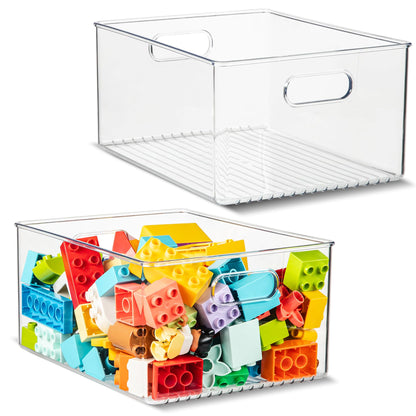 Plastic Food Storage 2 Pack Clear Container Bin with Handles for Organizing Kitchen, Pantry, Fridge, Freezer, Pantry, Bathroom. 14"x6"5"