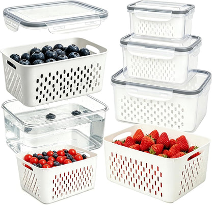 3 Pack Fruit Storage Containers for Fridge with Removable Colander, Grey