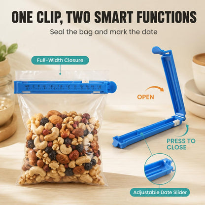6 food bag sealing clips with built-in date scale-heavy reusable kitchen sealer for French fries, bread, snacks and leftovers (3 sizes in random colors) (6 sealing clips)