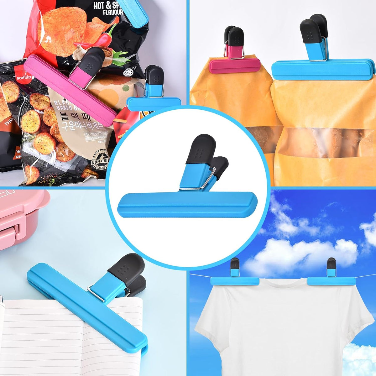 Zhtulck 12 PCS Chip Clips Bag Clips Food Clips for Bags Sealing Clip Large Size Food Bag Clips for Food Storage Kitchen and Home（6.1in x4，3.07in x8）