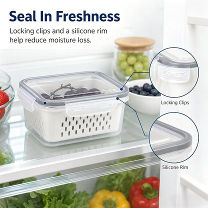 3 Pack Fruit Storage Containers for Fridge with Removable Colander, Grey