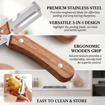 Vegetable Peeler for Kitchen – Multifunctional Stainless Steel Peeler with Wooden Handle & Bottle Opener, Durable for Fruits and Vegetables