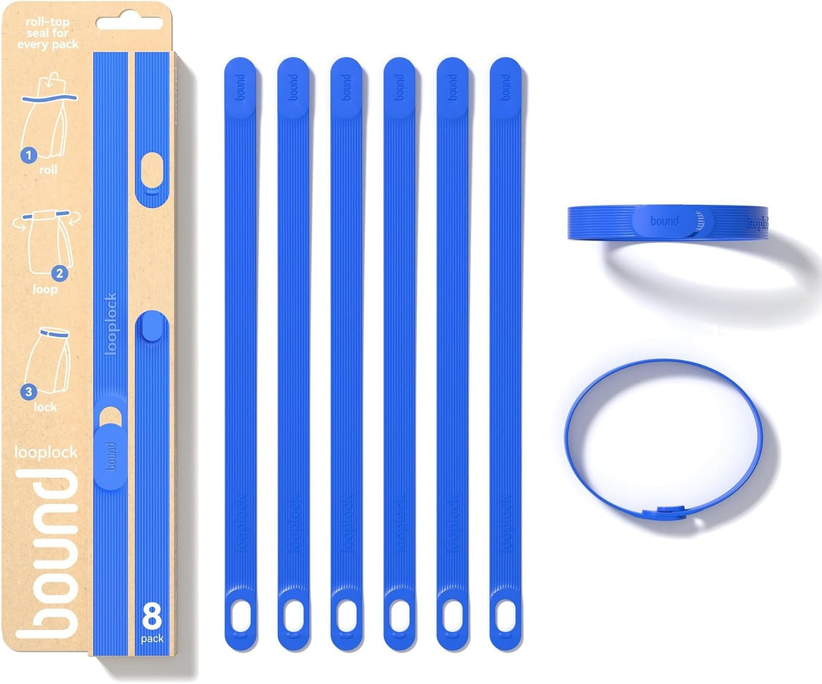 Bound Looplock Reusable Bag Sealer, Roll Top Food Storage Seal, 8 Pack, Blueberry