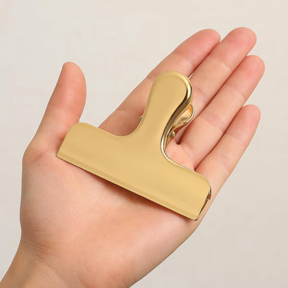 2Pcs Gold Chip Clips, 3 Inch Wide Stainless Steel Brass Notebook T Clip, Heavy Duty Food Bag Clamp, Vintage Retro Hinge File Bill Holder Sealing Air Tight Clips Modern Kitchen Office Accessories