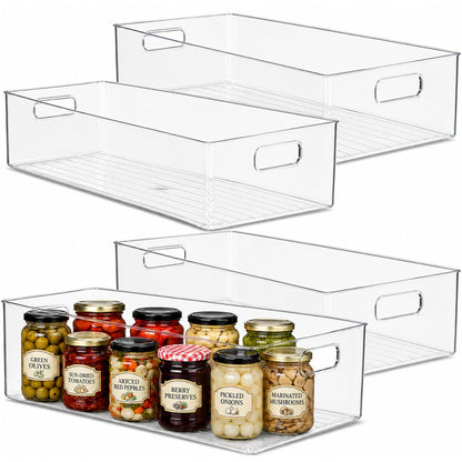 Plastic Food Storage 2 Pack Clear Container Bin with Handles for Organizing Kitchen, Pantry, Fridge, Freezer, Pantry, Bathroom. 14"x6"5"