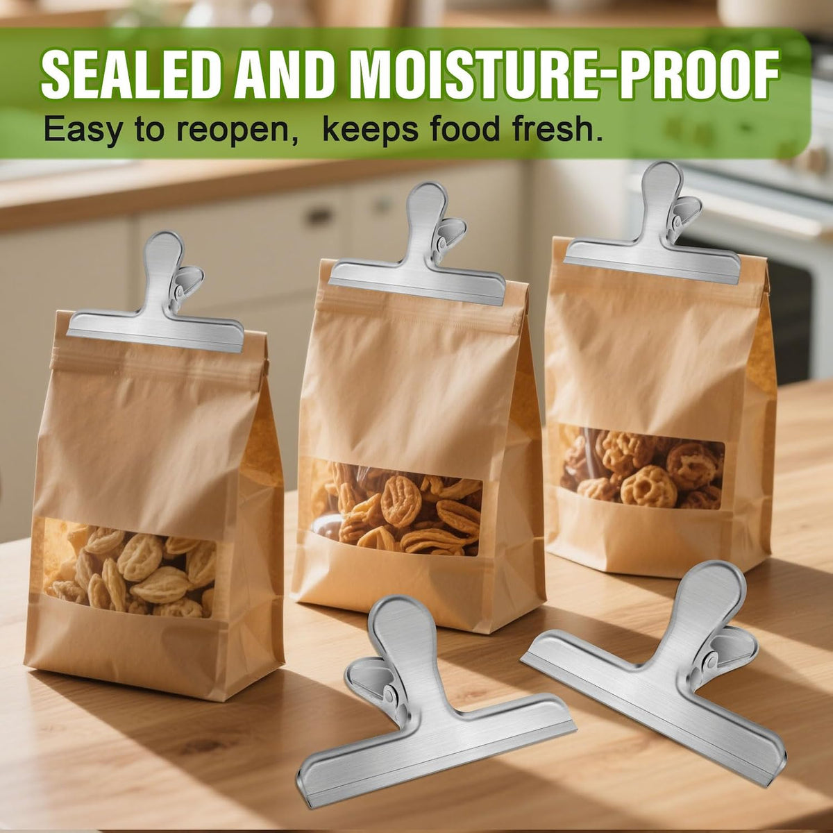 Chip Clips,6 Pack Metal Bag Clips for Food Storage, Stainless Steel Food Clip for Snack Bread, Heavy Duty Chip Bag Clip Clamp for Kitchen Home Office,Sliver