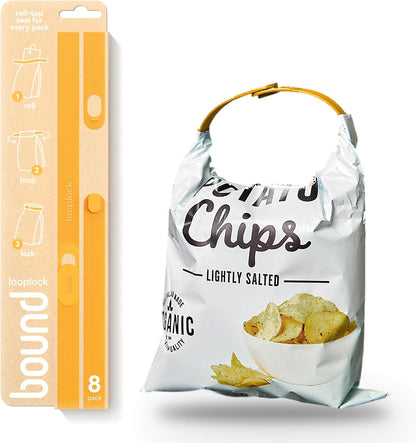 Bound Looplock Reusable Bag Sealer, Roll Top Food Storage Seal, 8 Pack, Mango