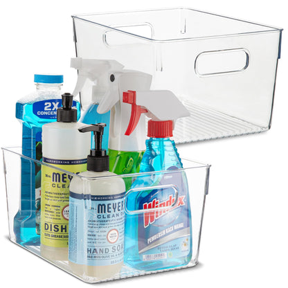 Plastic Food Storage 2 Pack Clear Container Bin with Handles for Organizing Kitchen, Pantry, Fridge, Freezer, Pantry, Bathroom. 14"x6"5"