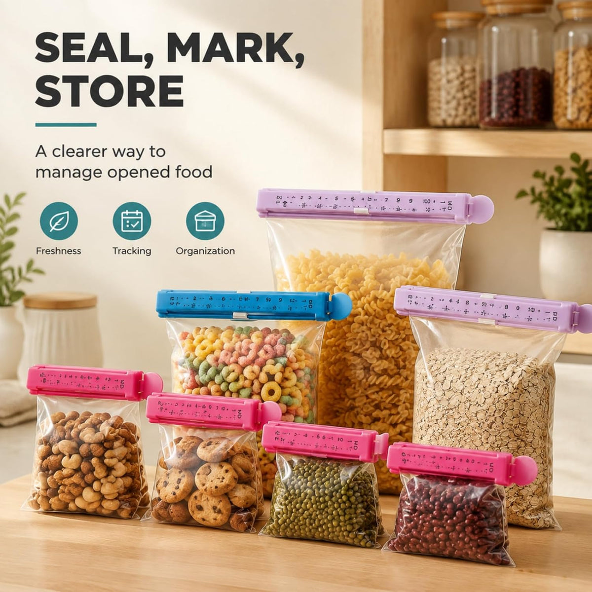 6 food bag sealing clips with built-in date scale-heavy reusable kitchen sealer for French fries, bread, snacks and leftovers (3 sizes in random colors) (6 sealing clips)