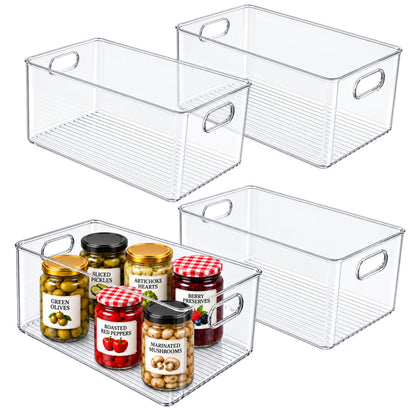 Plastic Food Storage 2 Pack Clear Container Bin with Handles for Organizing Kitchen, Pantry, Fridge, Freezer, Pantry, Bathroom. 14"x6"5"