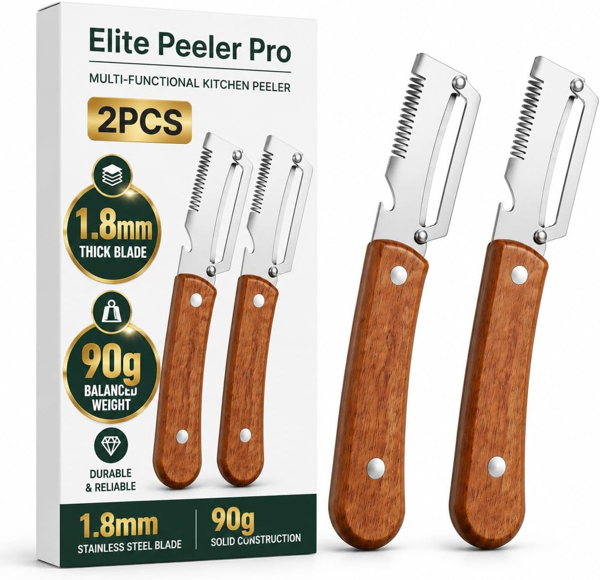 elite peeler and shredder, 2PCS Vegetable Peeler, 1.8mm Steel Blade, Wood Handle