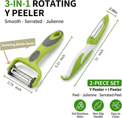 Vegetable Peeler Set, 2PCS Y & I Peeler for Kitchen, 4-in-1 Multifunctional Rotary Blade Julienne Peeler, Stainless Steel Potato Peeler for Fruits and Vegetables, Non-Slip Handle