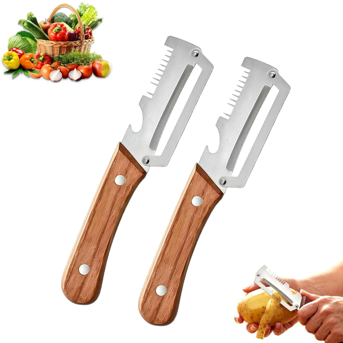Multi-Functional Vegetable Peeler, 3 in 1 Multi Functional Wooden Handle Peeler and Bottle Opener,Kitchen Gadgets Tool，Grater & Bottle Opener for Potato, Carrot, Apple, Fruit & Vegetable (2pcs)